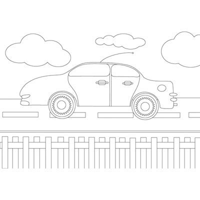 Auto fährt auf einer Straße mit Zebrastreifen, im Hintergrund Wolken und ein Zaun im Vordergrund.