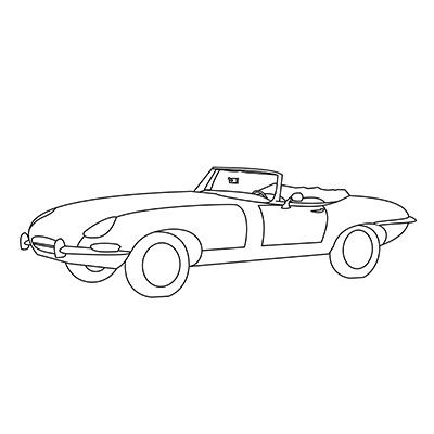 Strichzeichnung eines klassischen Jaguar E-Type, seitliche Ansicht, mit offenem Verdeck und sichtbarem Lenkrad.