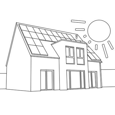 Strichzeichnung eines Hauses mit Solaranlage auf dem Dach, daneben eine stilisierte Sonne am Himmel.